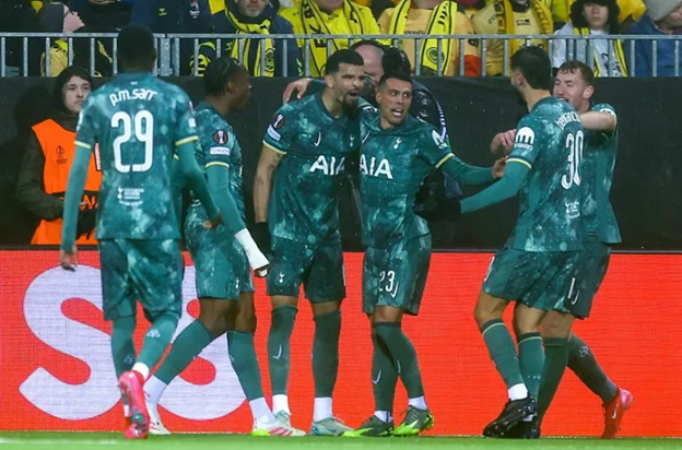 Tottenham Hotspur players celebrate after scoring against Bodø/Glimt in the second leg of the 2024/25 UEFA Europa League semi-final.