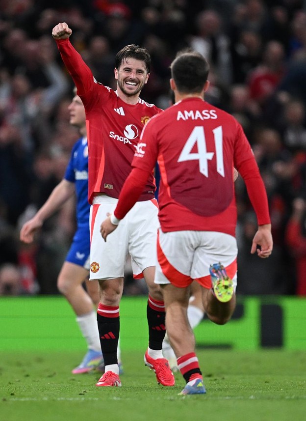 Manchester United’s Mason Mount celebrates with teammate Harry Amass after their 4-1 victory over Athletic Bilbao in the UEFA Europa League semi-final second leg at Old Trafford.