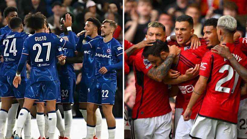 Chelsea players (left) and Manchester United players (right).
