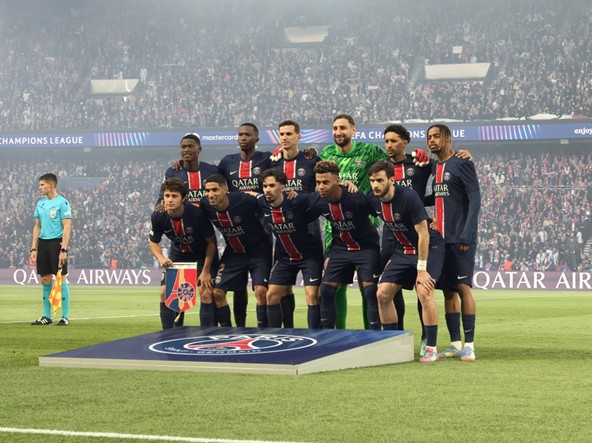 PSG players pose for a team photo before a UEFA Champions League match at Parc des Princes.