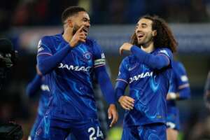Reece James and Marc Cucurella celebrate Chelsea's victory.
