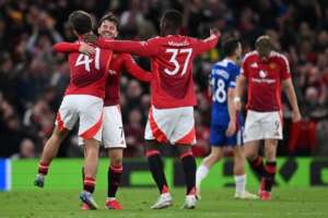 Manchester United players celebrate after their Europa League semi-final win over Athletic Bilbao at Old Trafford.